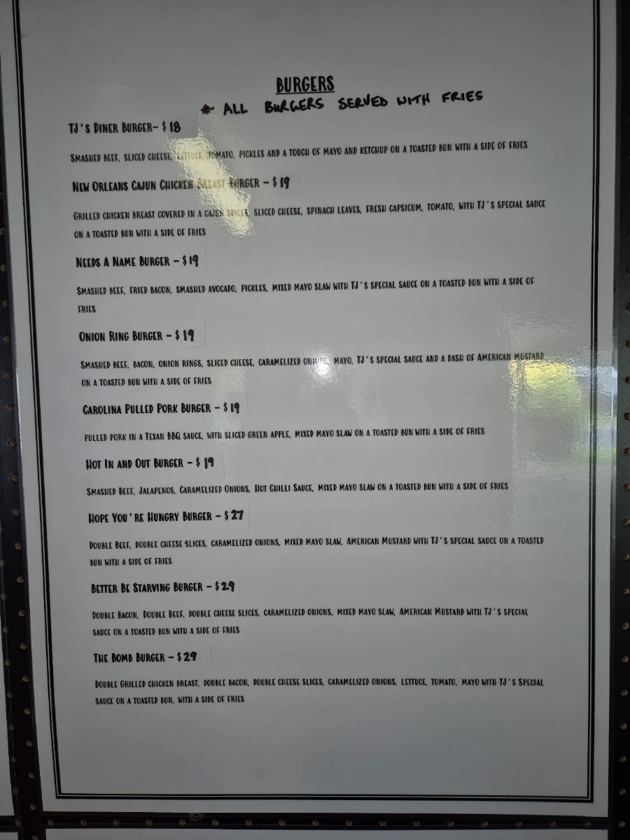 Menu, TJ's Diner