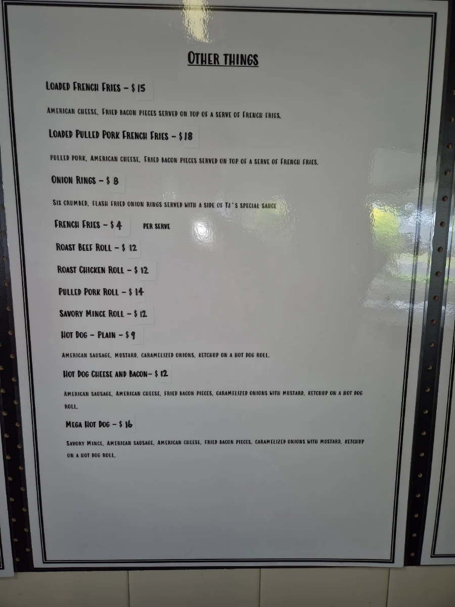 Menu, TJ's Diner