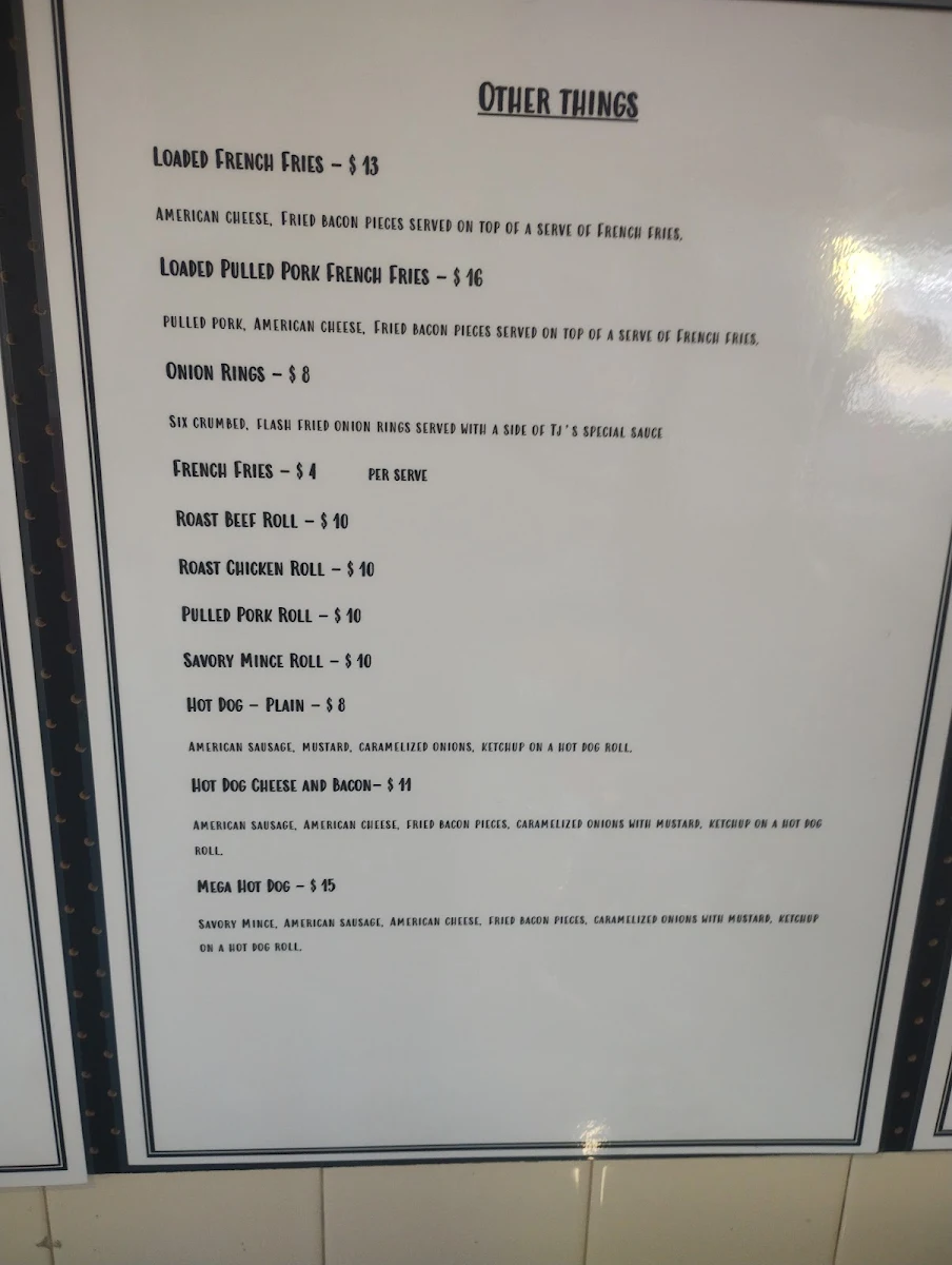 Menu, TJ's Diner
