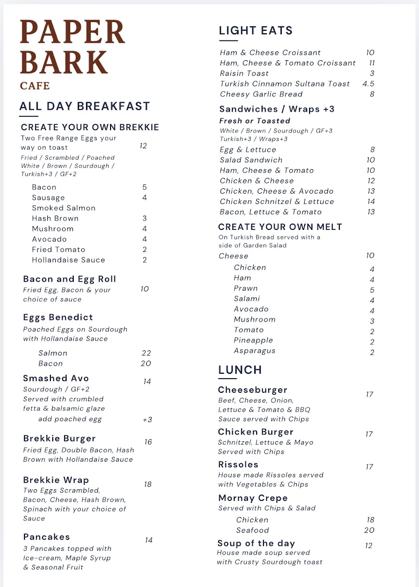 Menu, Paperbark Cafe