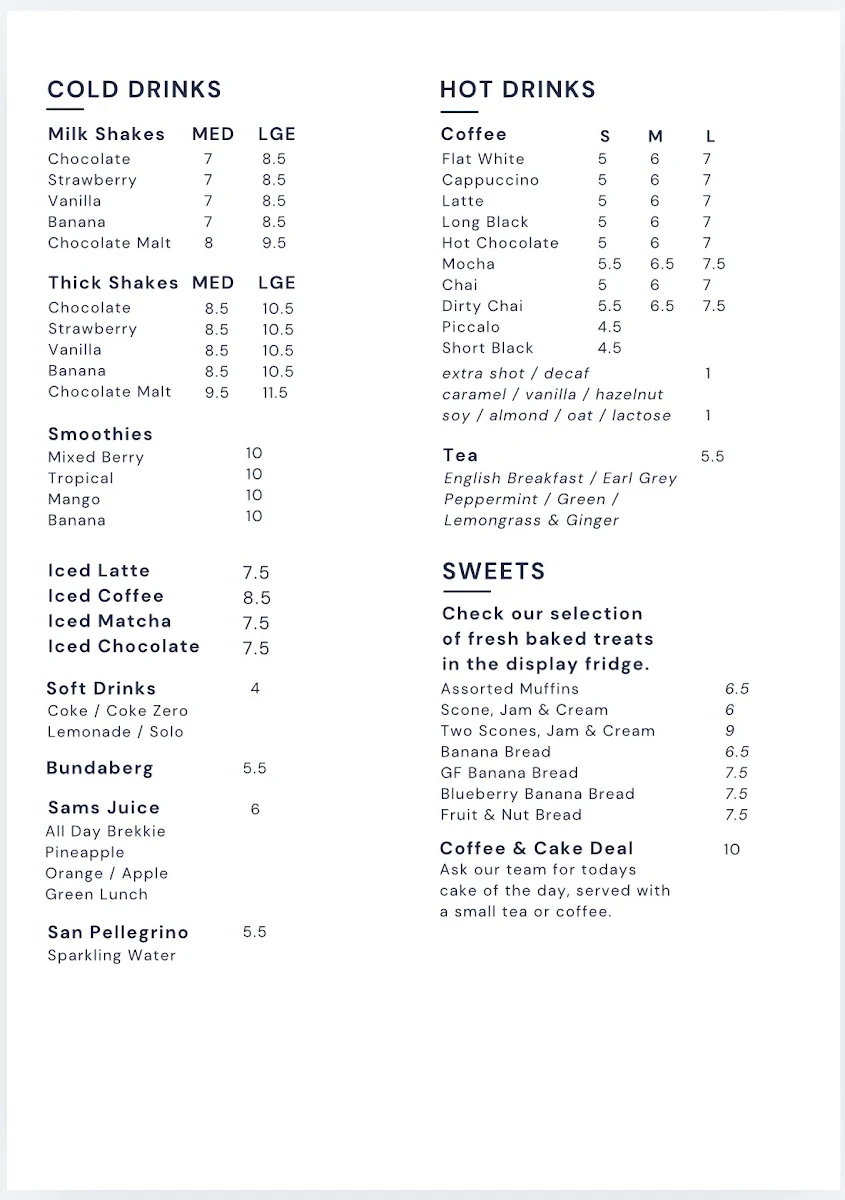 Menu, Paperbark Cafe
