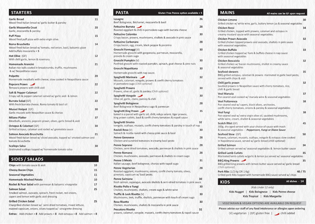 Menu, La Milano Italian