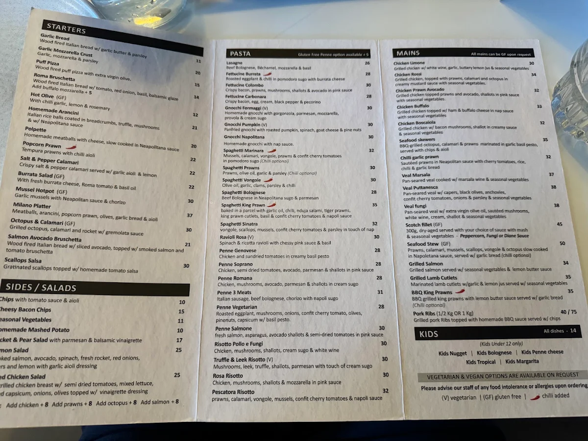 Menu, La Milano Italian