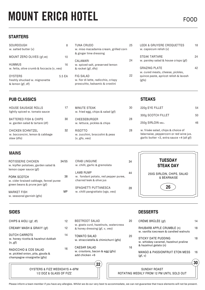 Menu, Mount Erica Hotel