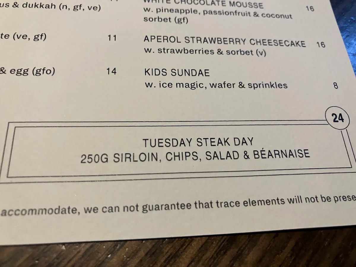 Menu, Mount Erica Hotel