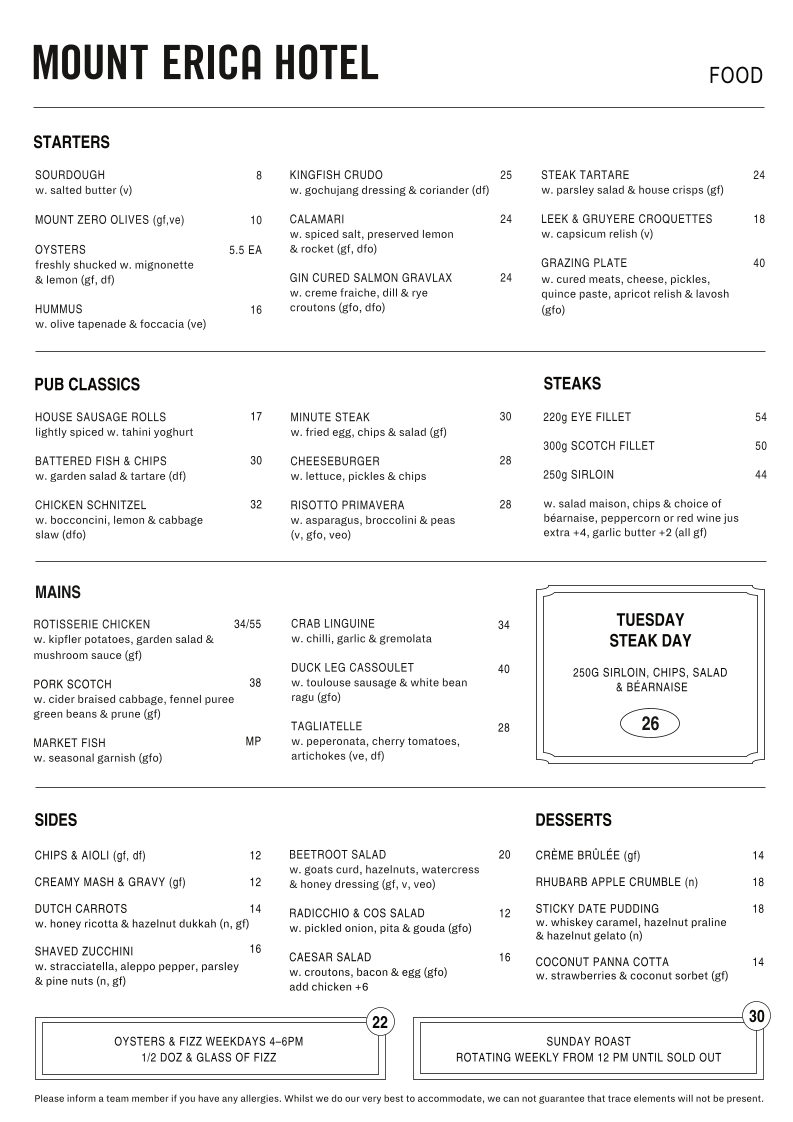 Menu, Mount Erica Hotel