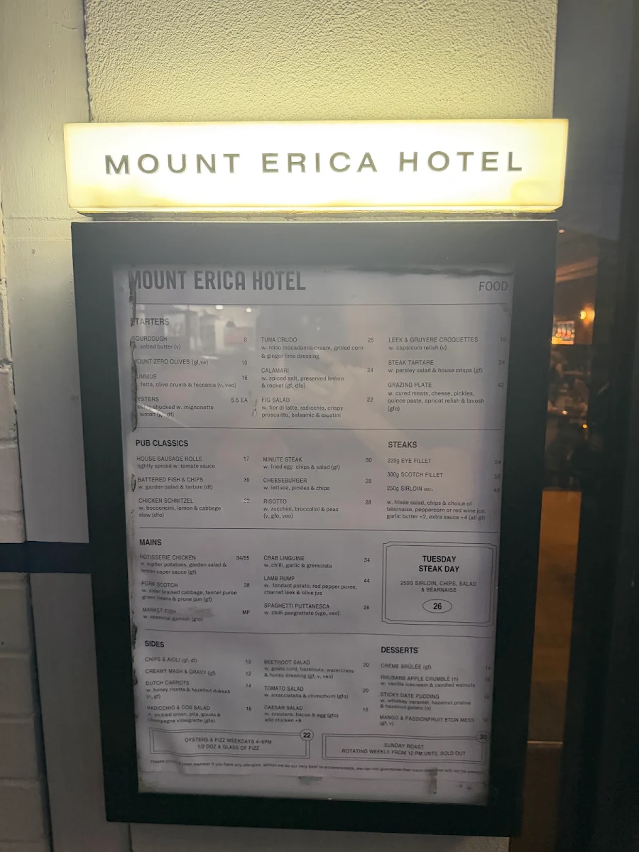 Menu, Mount Erica Hotel
