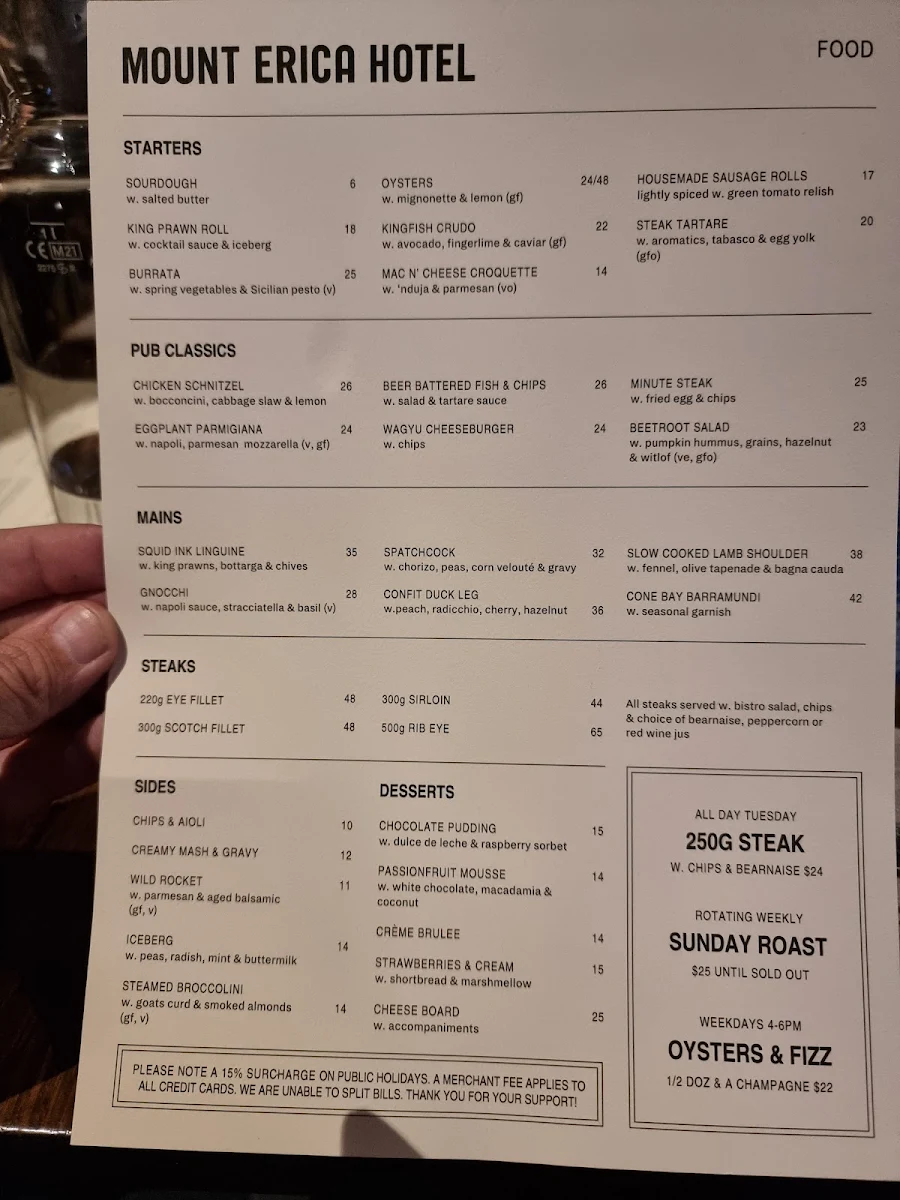 Menu, Mount Erica Hotel