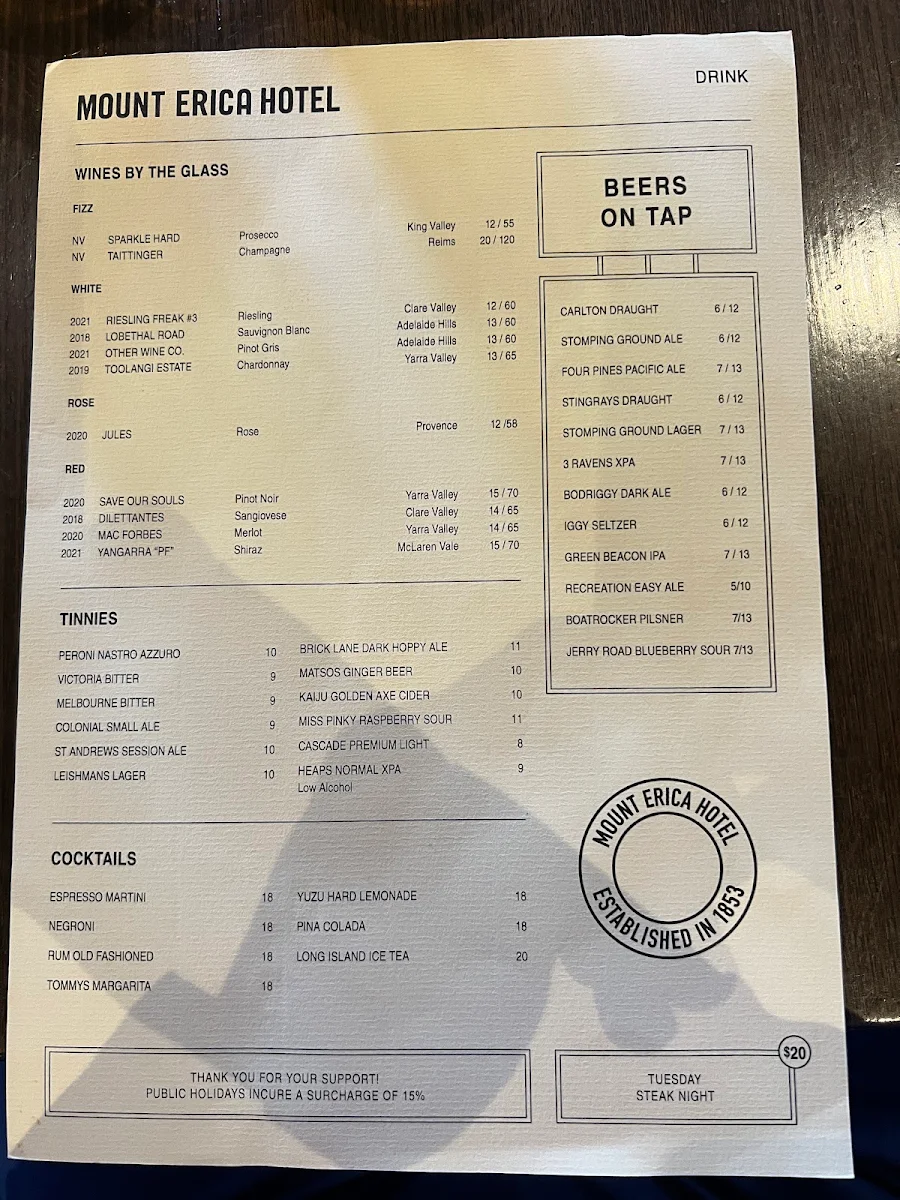 Menu, Mount Erica Hotel