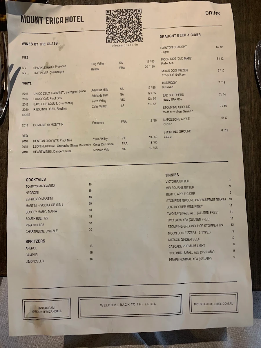 Menu, Mount Erica Hotel