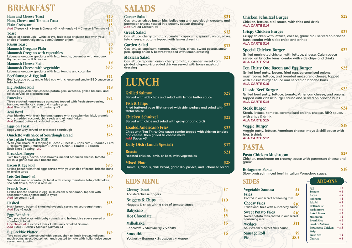 Menu, Ten Thirty One Co