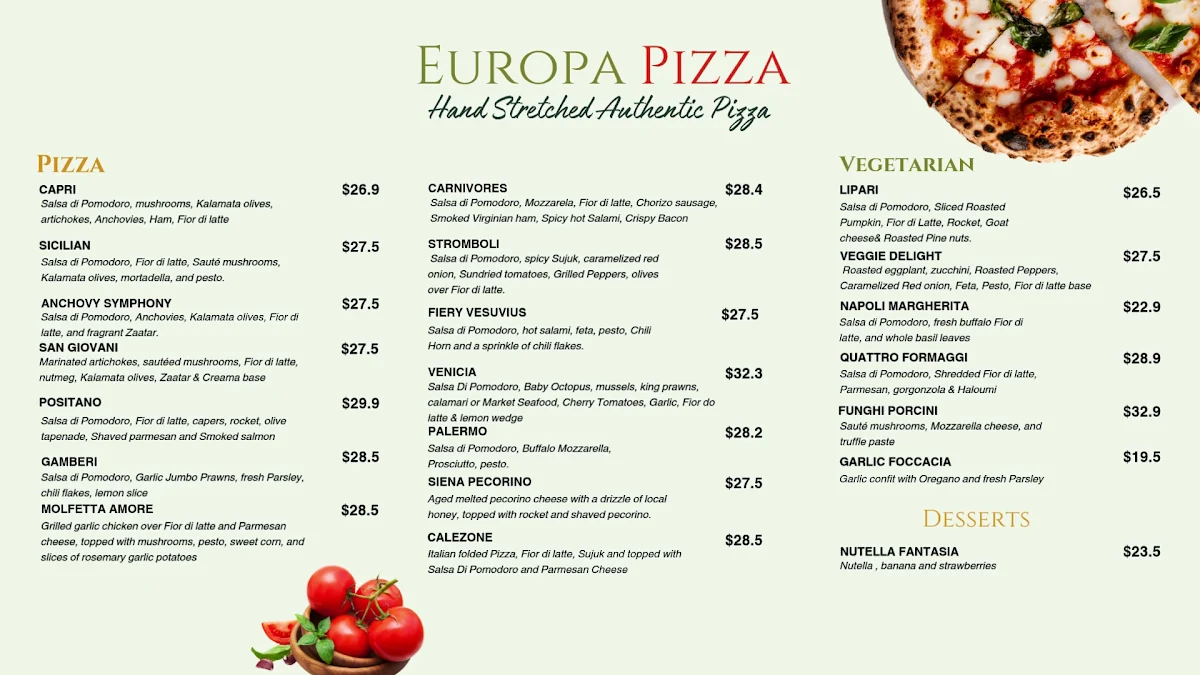 Menu, Europa Pizza
