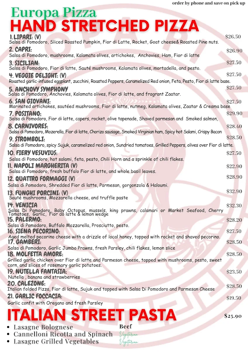 Menu, Europa Pizza
