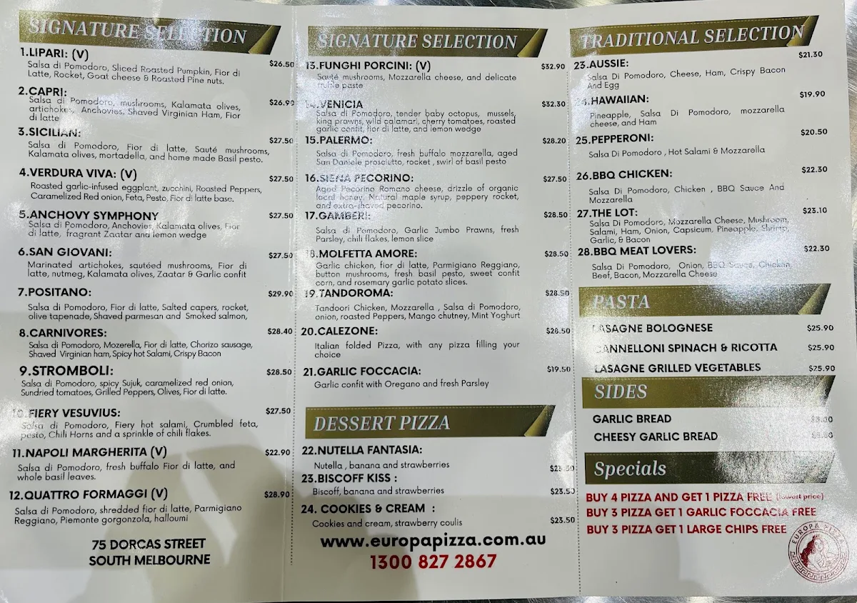 Menu, Europa Pizza