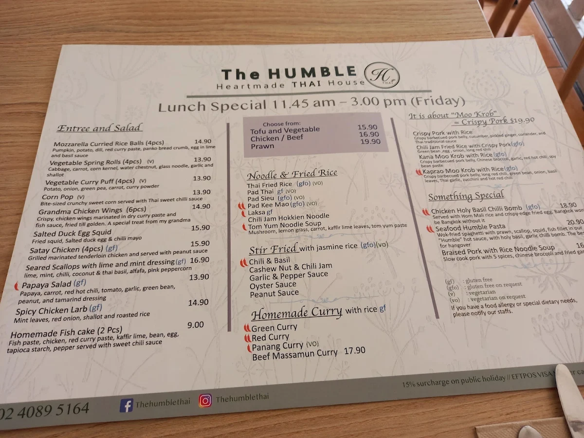 Menu, The Humble thai restaurant