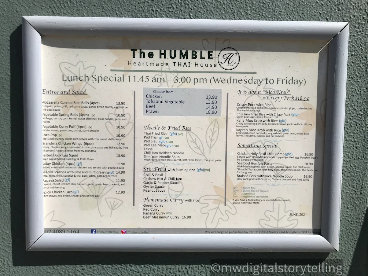 Menu, The Humble thai restaurant