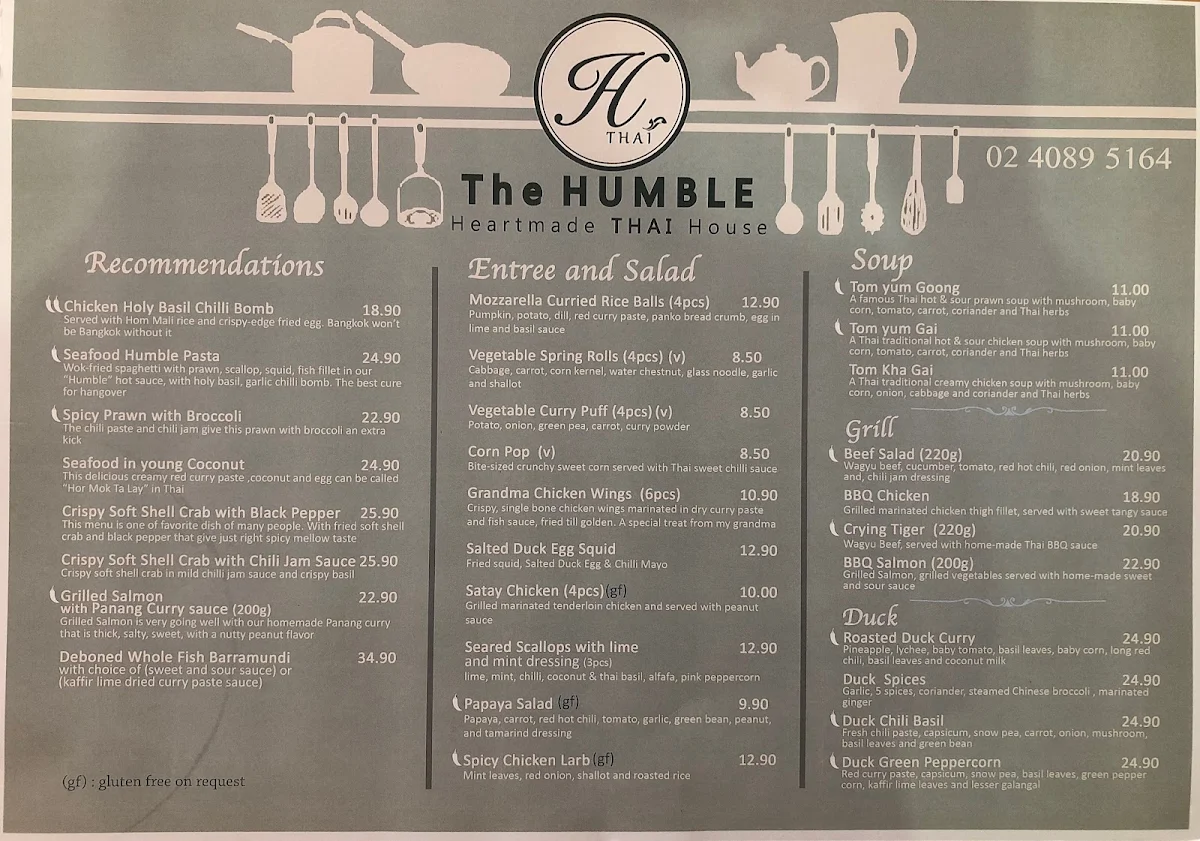 Menu, The Humble thai restaurant