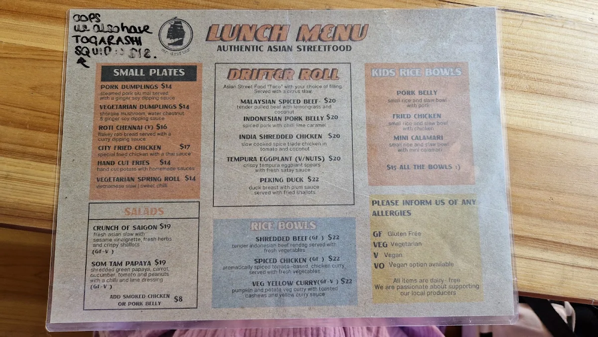 Menu, Mr Drifter
