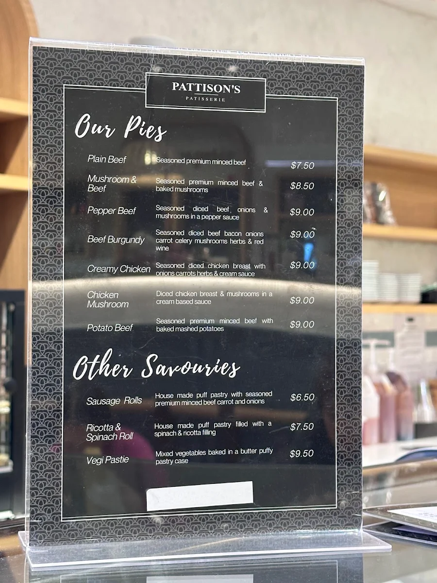 Menu, Pattison's Patisserie Chatswood Chase