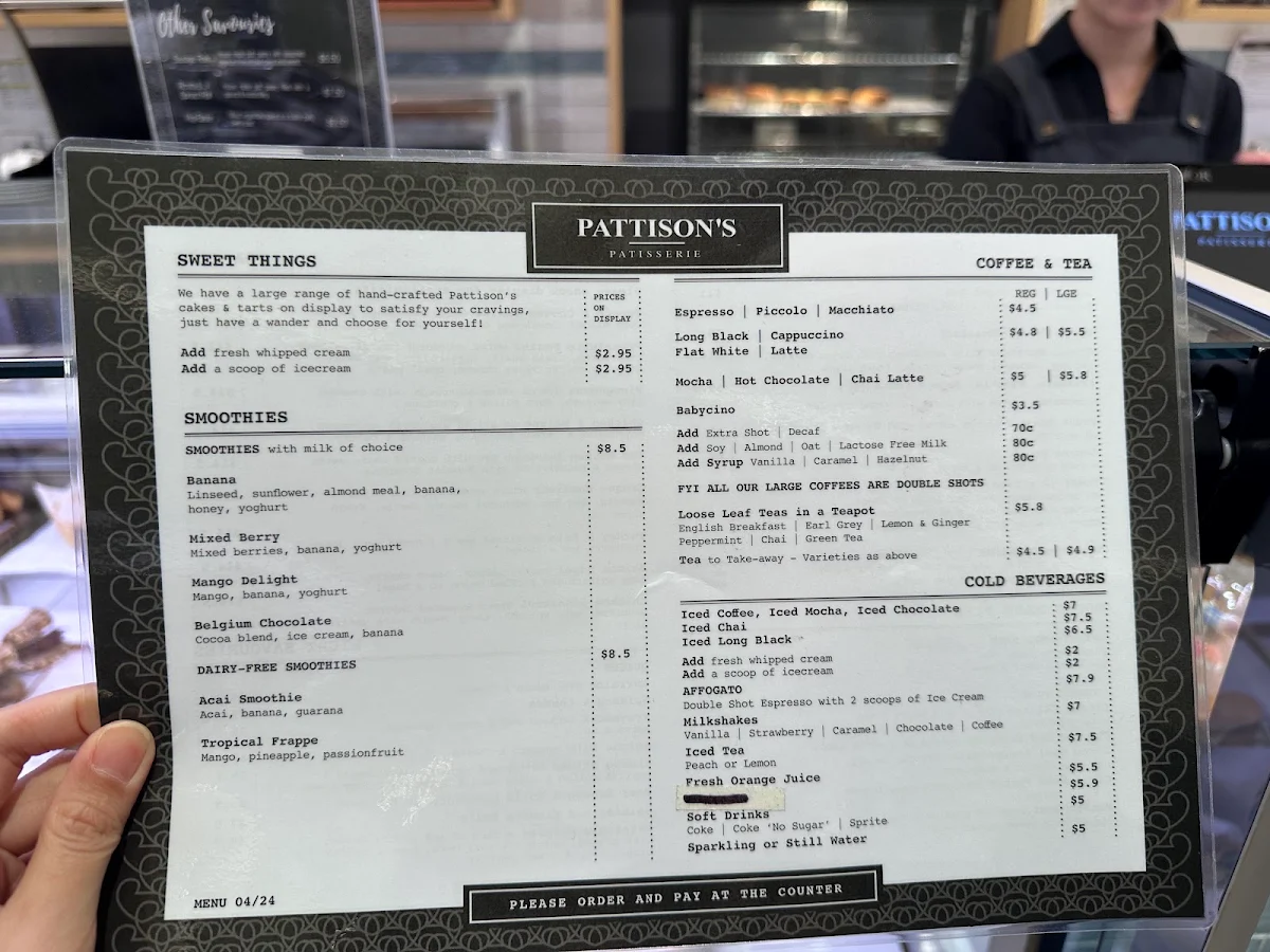 Menu, Pattison's Patisserie Chatswood Chase