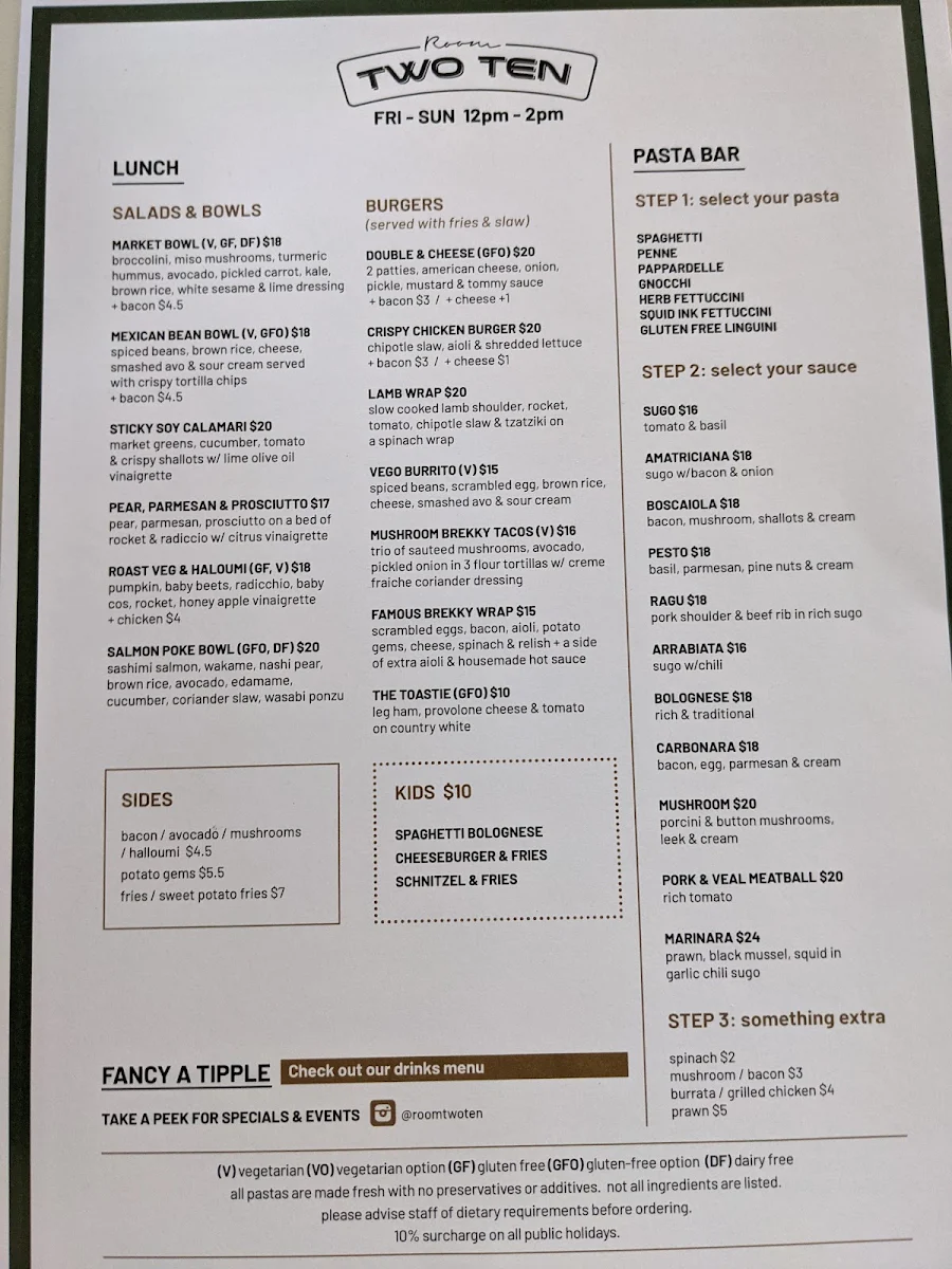 Menu, Room Two Ten