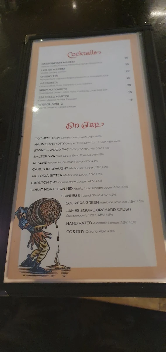 Menu, Rose & Crown Hotel Parramatta