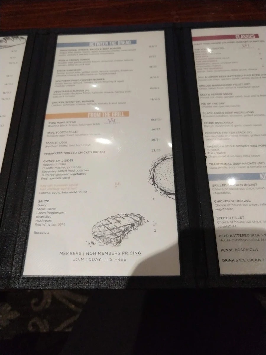 Menu, Rose & Crown Hotel Parramatta