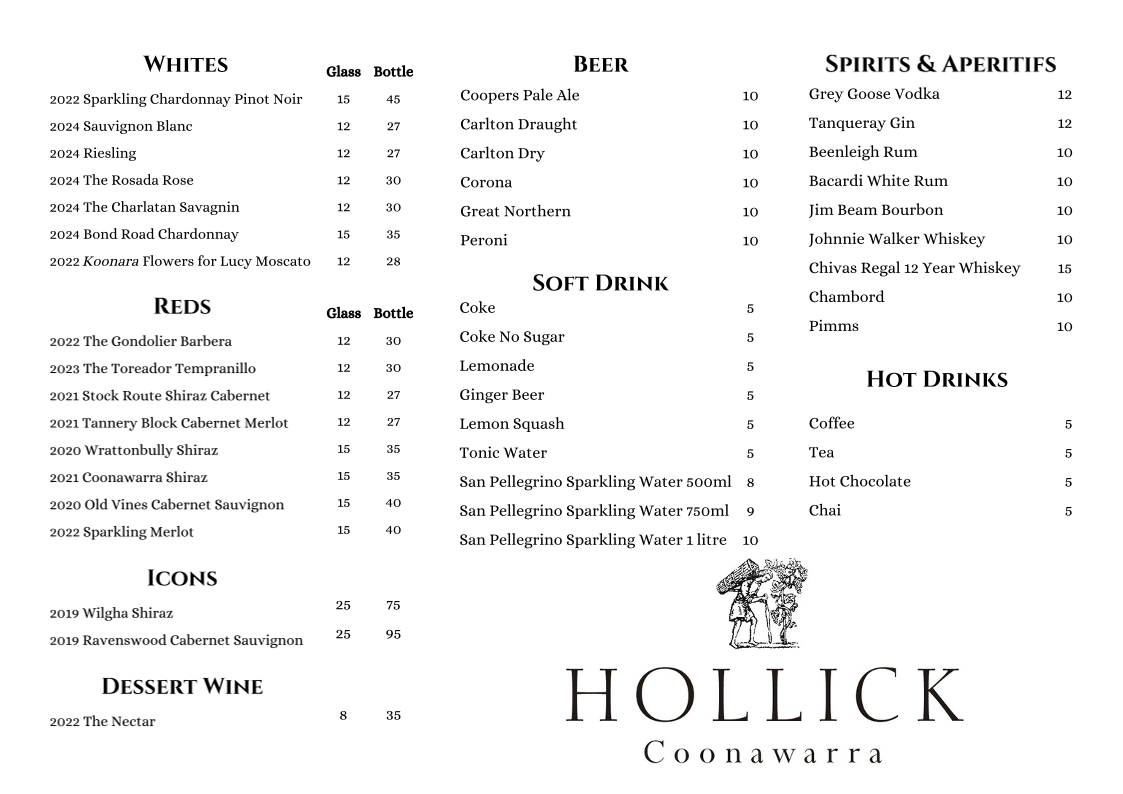 Menu, Upstairs at Hollick Restaurant