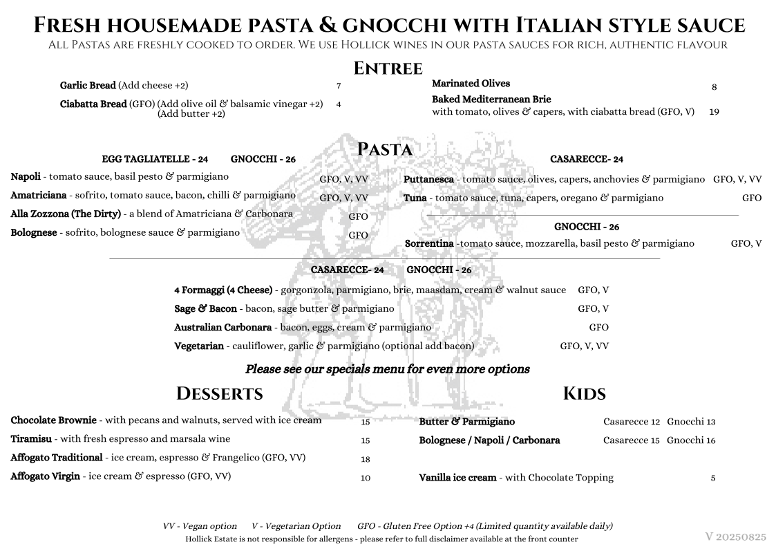 Menu, Upstairs at Hollick Restaurant