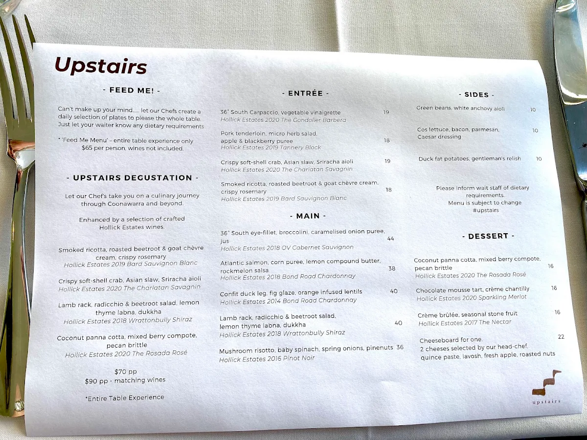Menu, Upstairs at Hollick Restaurant