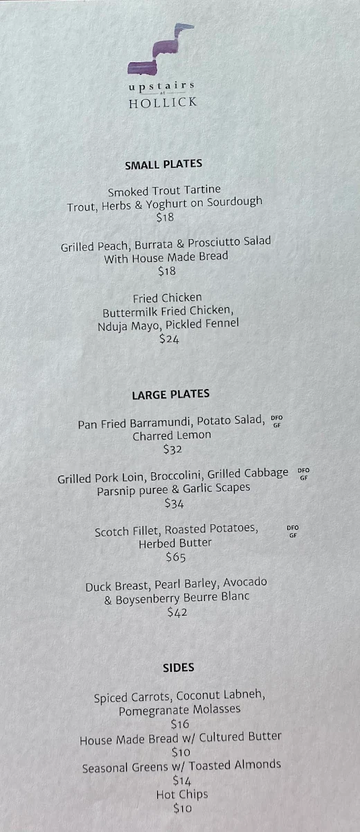 Menu, Upstairs at Hollick Restaurant