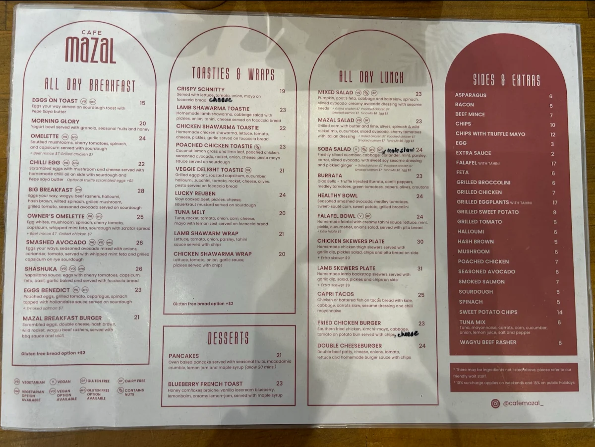 Menu, Cafe Mazal