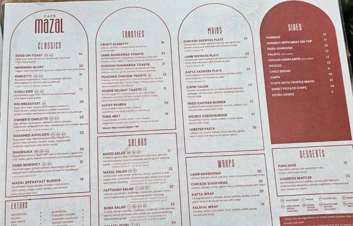 Menu, Cafe Mazal