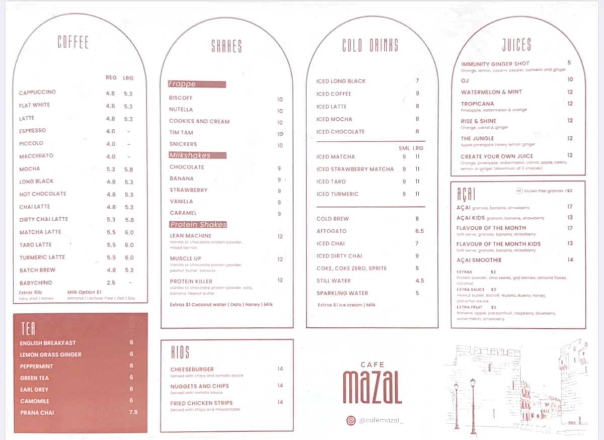 Menu, Cafe Mazal