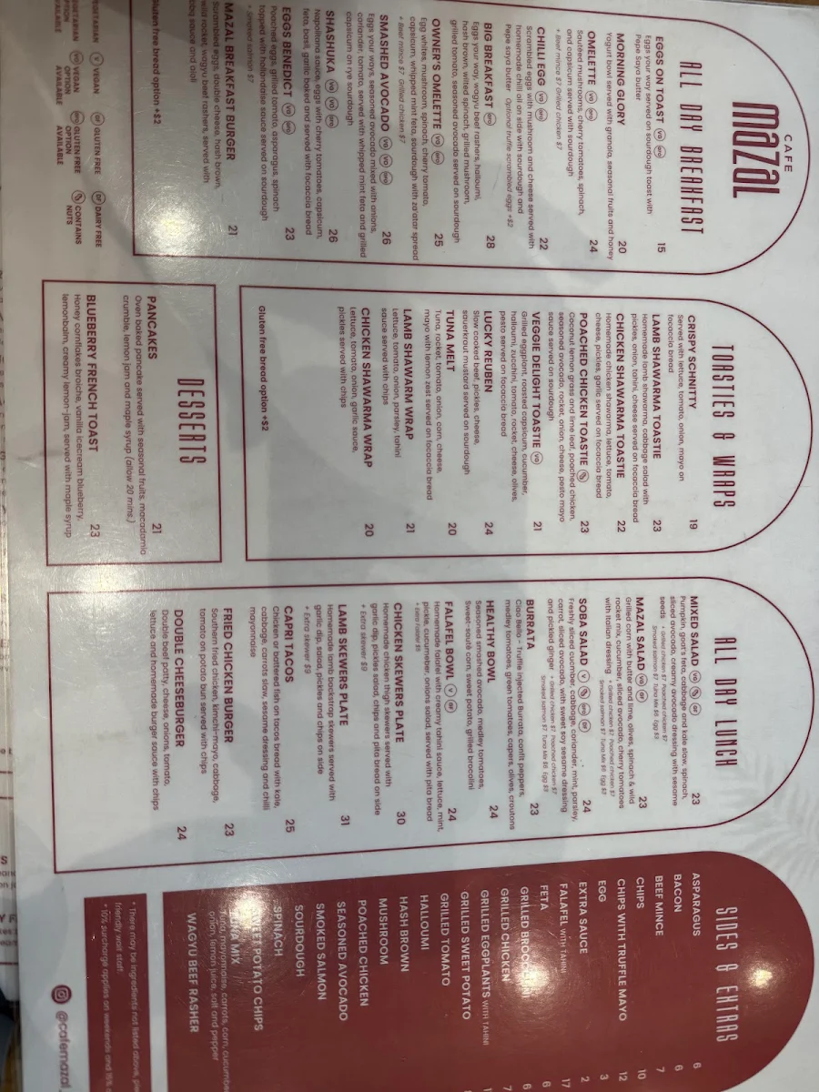Menu, Cafe Mazal