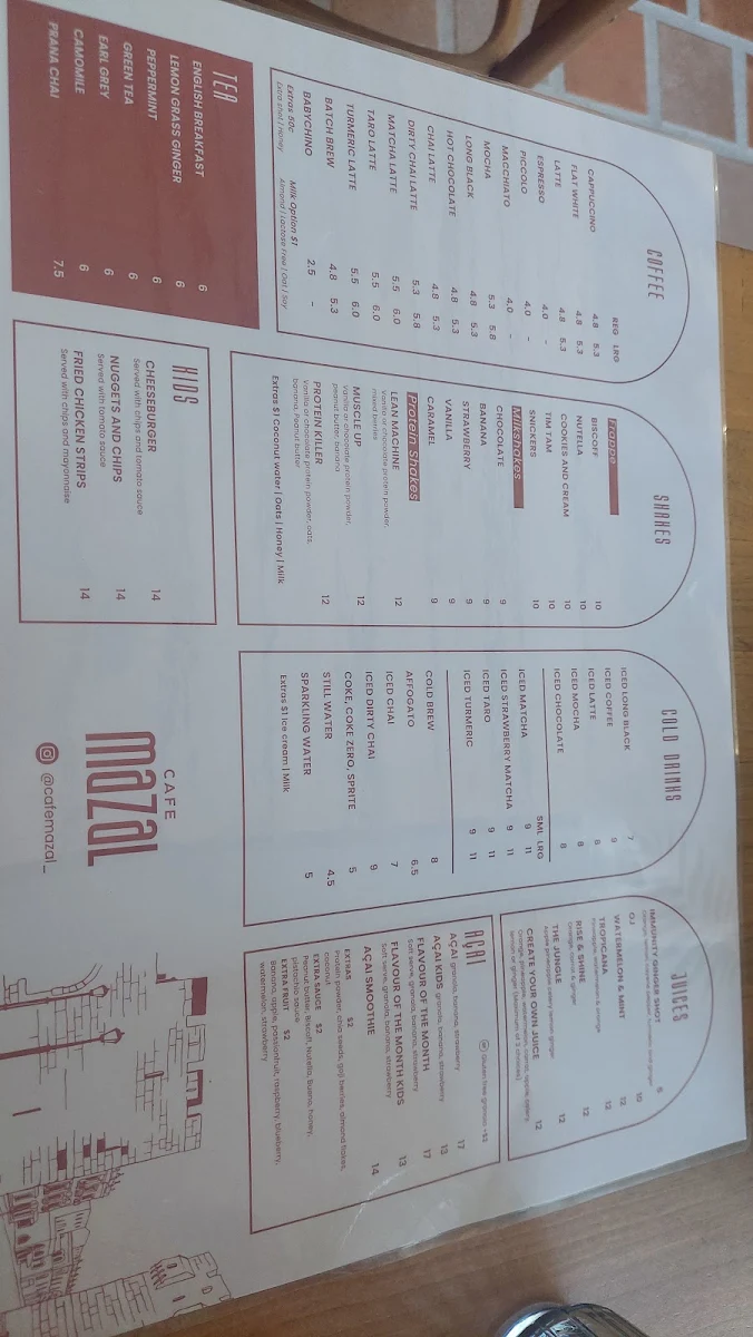 Menu, Cafe Mazal
