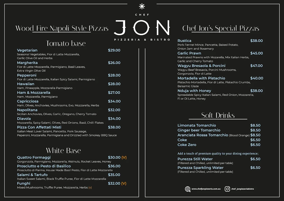 Menu, Chef Jon Pizzeria Bistro