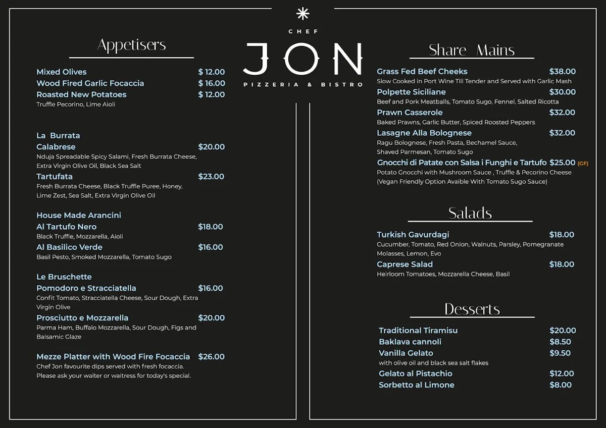 Menu, Chef Jon Pizzeria Bistro