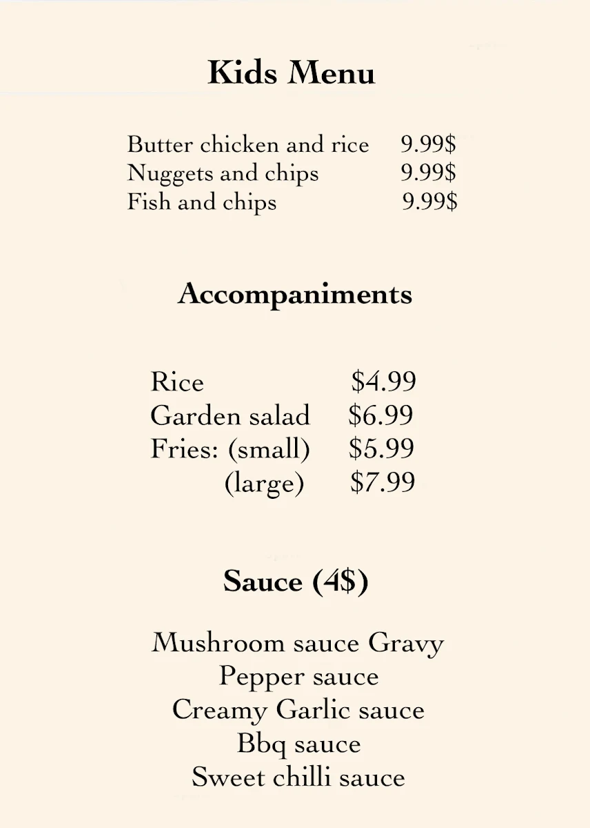 Menu, New Lily's Restaurant at Highfields