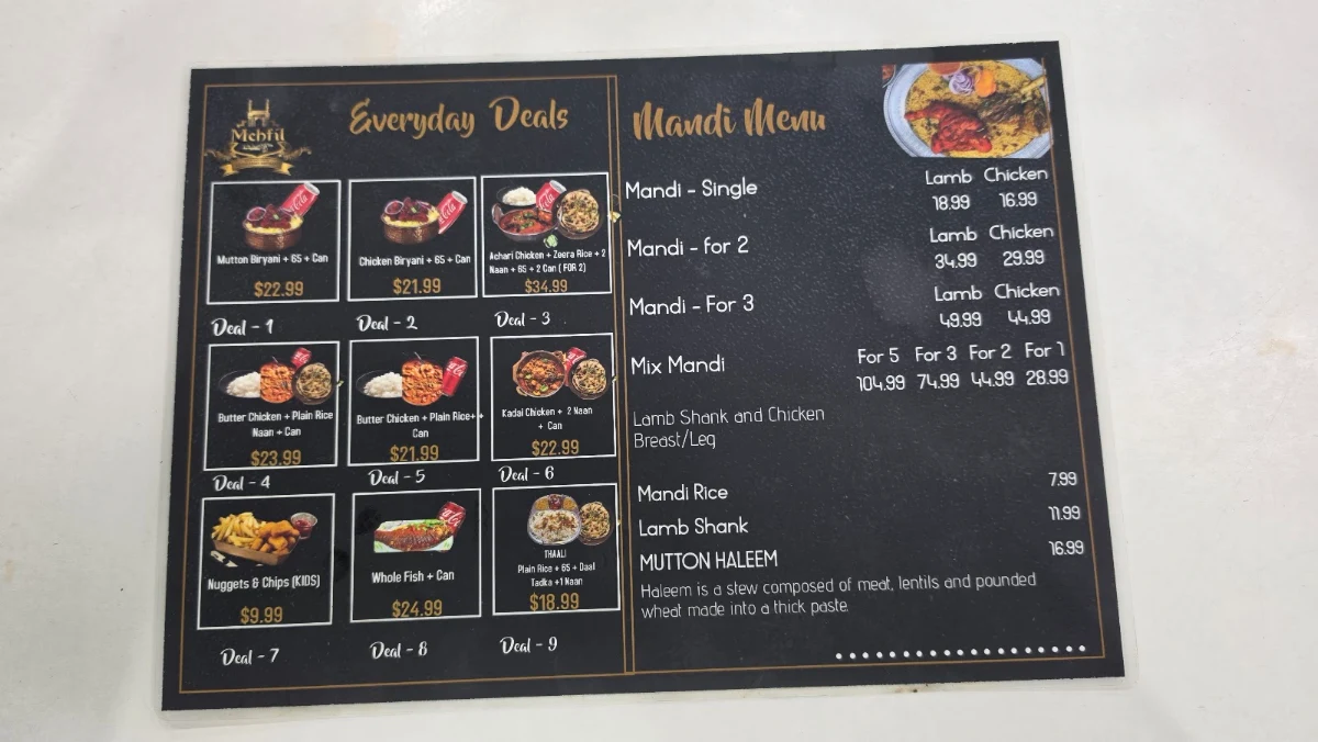 Menu, Mehfil Merrylands Restaurant
