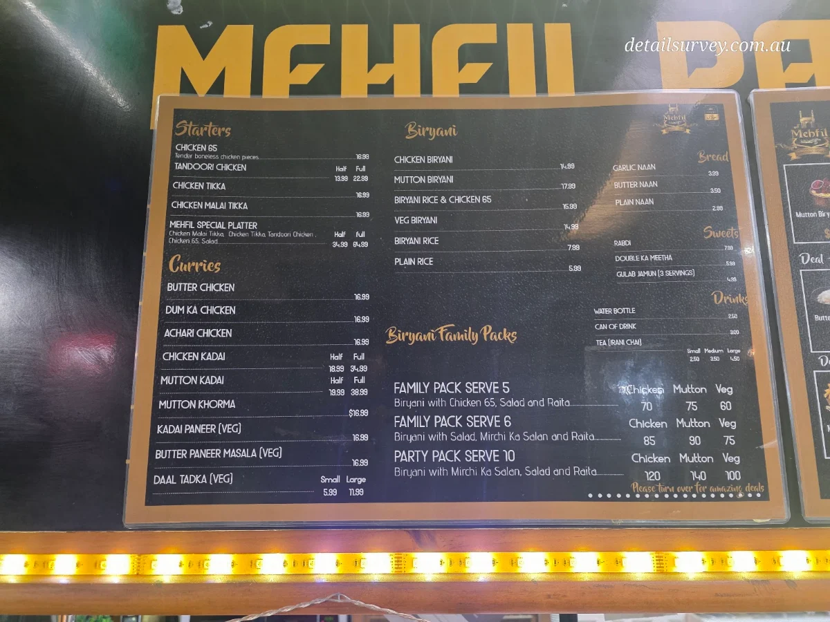 Menu, Mehfil Merrylands Restaurant