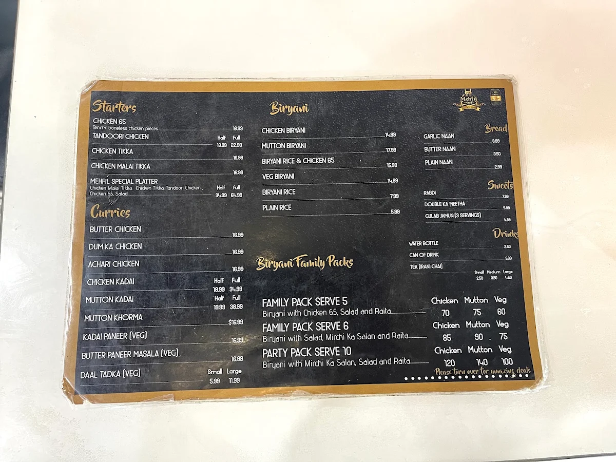 Menu, Mehfil Merrylands Restaurant