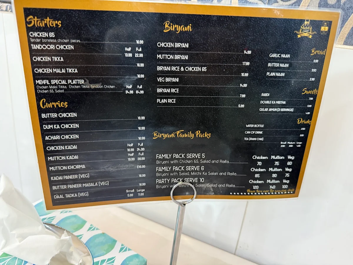 Menu, Mehfil Merrylands Restaurant