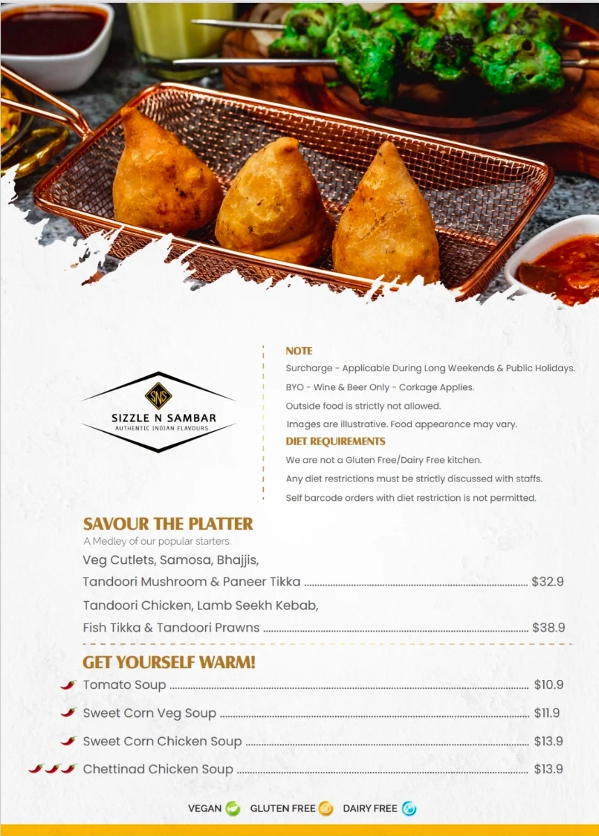 Menu, SIZZLE 'N' SAMBAR - East Vic Park
