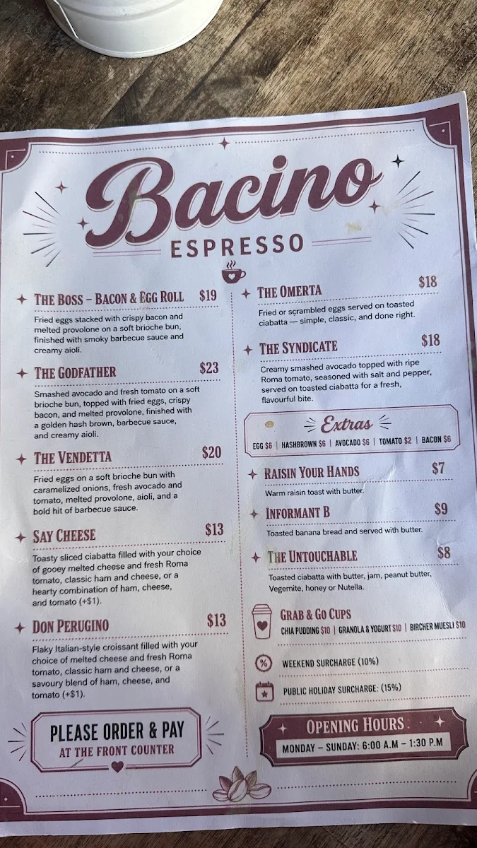 Menu, Bacino Bar Neutral Bay