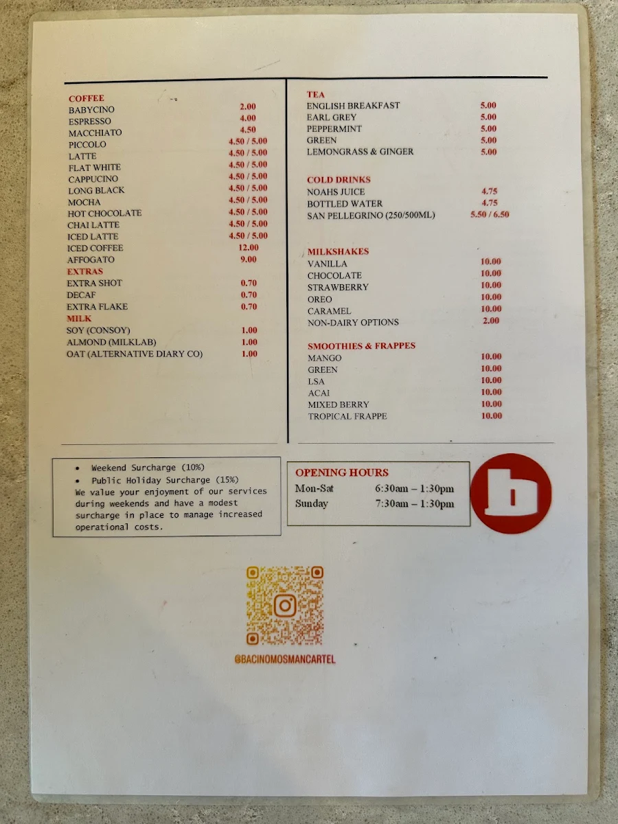 Menu, Bacino Bar Neutral Bay
