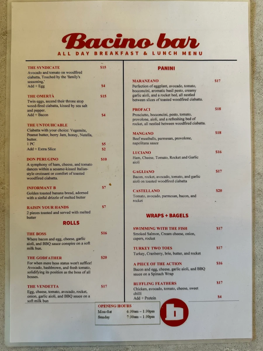 Menu, Bacino Bar Neutral Bay