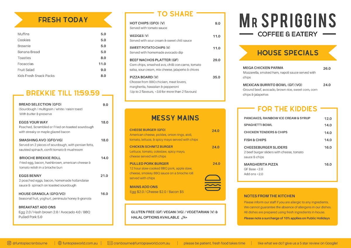 Menu, Mr Spriggins Café Cranbourne