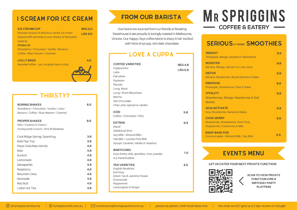 Menu, Mr Spriggins Café Cranbourne
