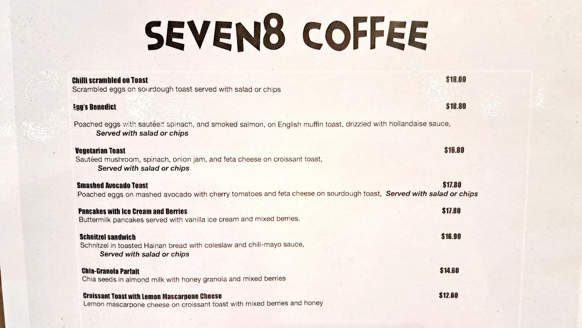 Menu, Seven8 Coffee